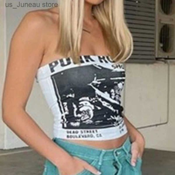 Женские танки Camis y2k Summer Women Женщины с надписью печатную трубку Top American Vintage Punk Rock Graphiccrop Top Slveless без бретелек Slim Fit Top 1 T240415