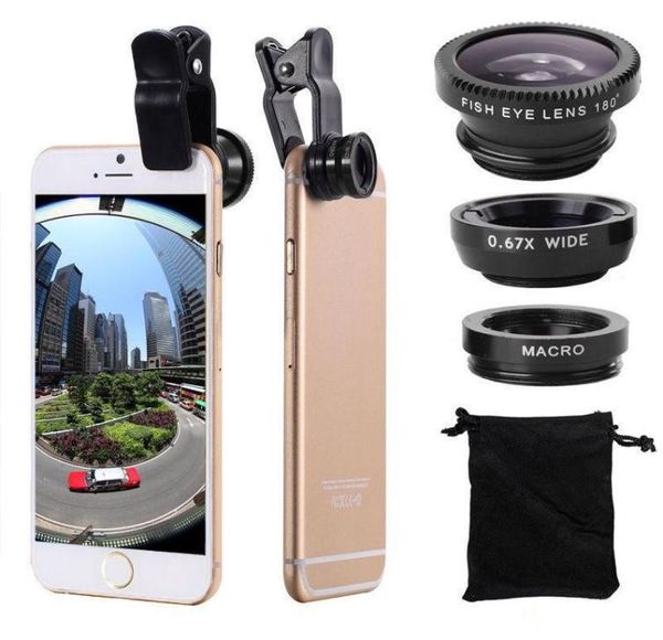 3 em 1 Universal Metal Clip Phone Camera Lens Fish Eye Macro Grande angular para iPhone 7 Samsung Galaxy S8 Smartphone2248526