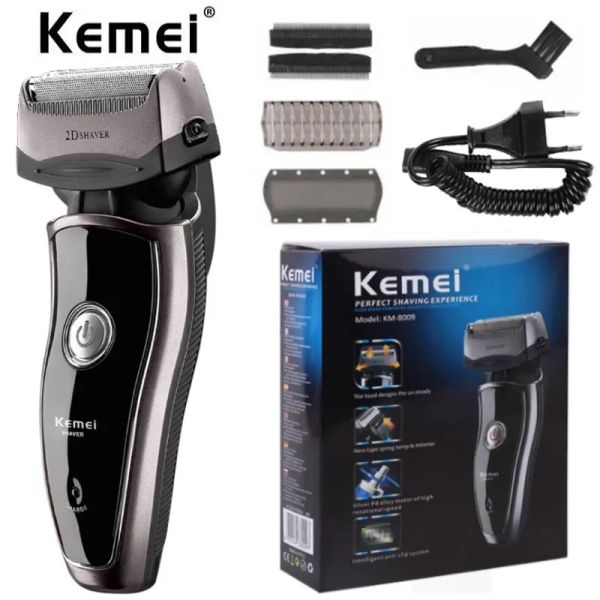 Shaves KEMEI Original KM8009 Men's Electric Foil Shaver com 2 cabeças de barbeador sobressalente recarregável Shaver sem fio