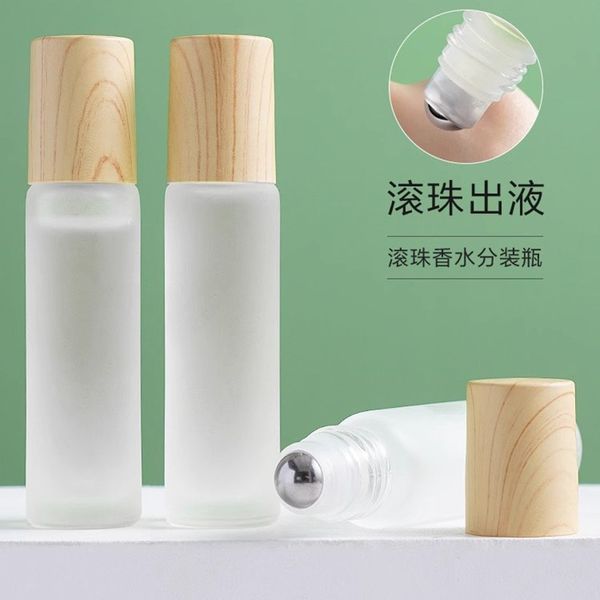 5 ml da 10 ml di bottiglia rullo in vetro smerigliato tappo di plastica in legno per oli essenziali bottiglia roll-on con sfera a rulli in acciaio inossidabile