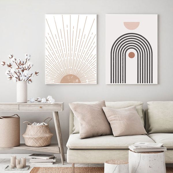 Boho abstrato geométrico solar ascensão do arco -íris bege pintura de pintura de parede imagens de parede pôsteres imprimem a decoração da sala de estar interior