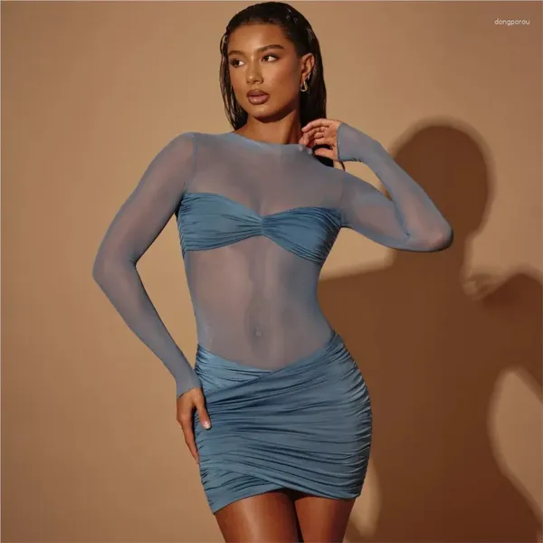 Schwimmkostüm für Frauen Bikini Set Cover Up Kleid 2024 Mesh Slim Long Sleeve Fold Solid Spandex Strand Badebekleidung weiblich