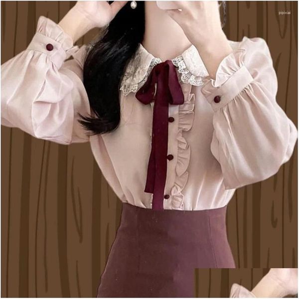 Kadın bluz gömlekleri sevimli retro vintage fırfırlar papyon kravat şerit üstleri flhjlwoc temel zarif iş resmi tek göğüslü düğme beyaz pusi