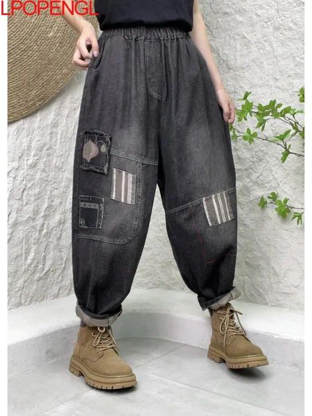 Jeans femminile 2024 autunno patch letterario patchwork elastico pantaloni harem tendenze donne streetwear sciolte versatili dritti tasche