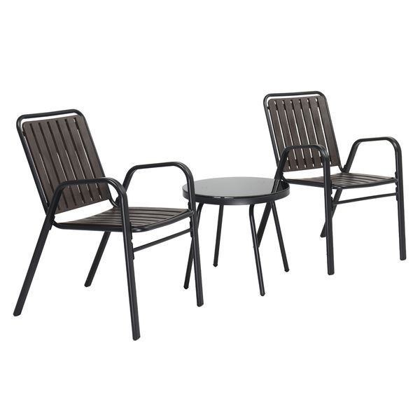 Set di tavoli da bistrot del patio (sedia da 2 pezzi + 1 pezzi tavolo da caffè), set di mobili per esterni con 2 sedie da pranzo in patio impilabili e tavolo di vetro per portico balcone da cortile, nero e caffè