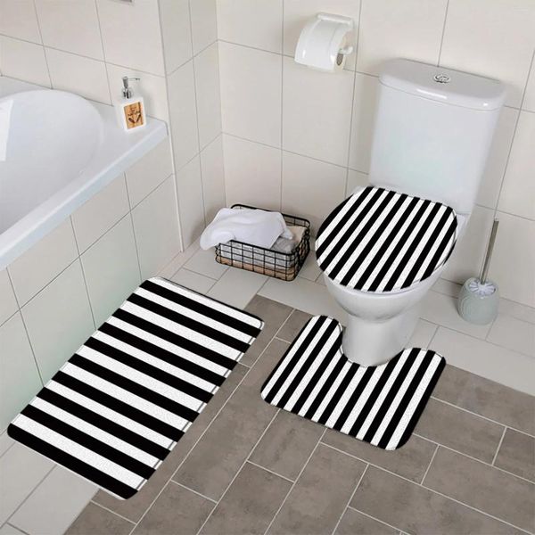 Banyo Paspasları Siyah ve Beyaz Çizgili Geometrik Mat Sanat Seti Izgara Minimalist Pazen Slip Slip Ayak Tuvalet Kapağı Banyo Dekoru