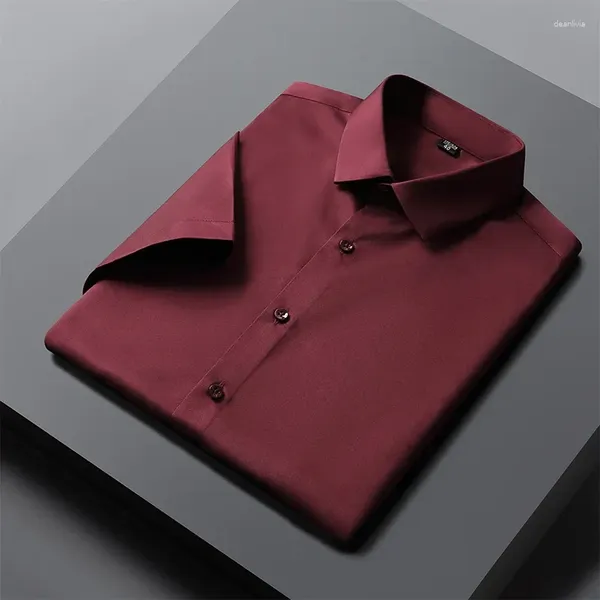 Camisas de vestido masculinas em camisa elástica finas sedas de verão manga curta para homens esbelto encantador formal liso Office Roupas brancas pretas