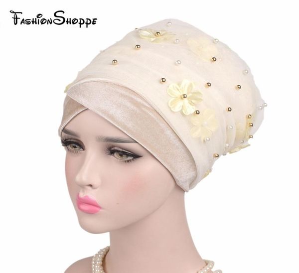 Nuovo Fashion 3D Flower in rilievo in perline extra lunga e velluto Turban Wrap Nigerian Turban Elegante Scarf Women Women Africa Hijab1428880