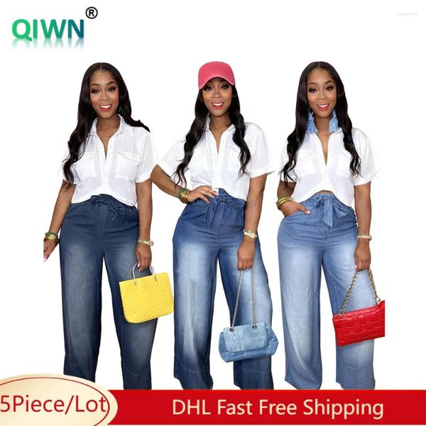 Frauen Jeans 5pcs Bulk Großhandel Women Casual gerade weites Bein Jeanshose Frauen Streetwear Elastic Taille Belt Lose Hosen 10096