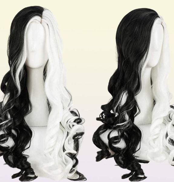 Cruella deville de vil cosplay perukları 75cm uzunluğunda kıvırcık yarı beyaz siyah ısıya dayanıklı sentetik saç kapağı y09131655421