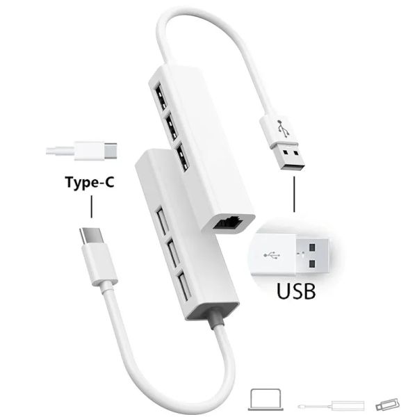 Hubs USB Ethernet to RJ45 Network Card 3 Ports USB HUB 2.0 Тип C в Ethernet LAN Adapter Adapter USB Hub для Windows Ноутбуки