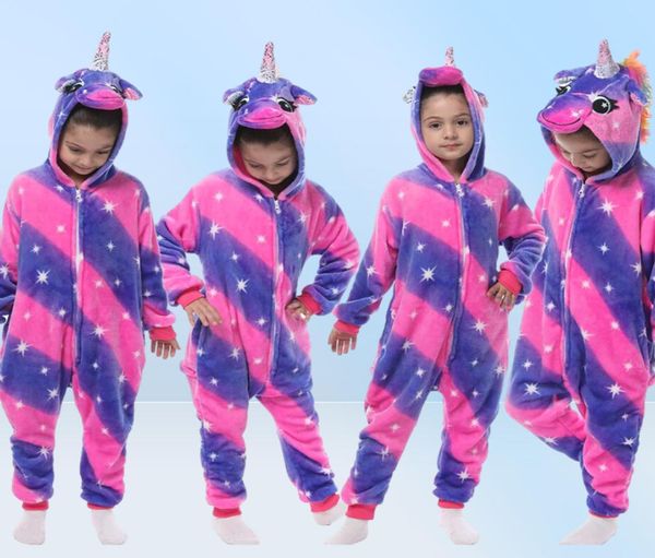 Winter Flanell Weich warmes Einhorn Kigurumi Pyjamas Kapuze Tier Cartoon Jungen Pyjamas Pyjamas für Mädchen Kinder Nachtwege282v3518019