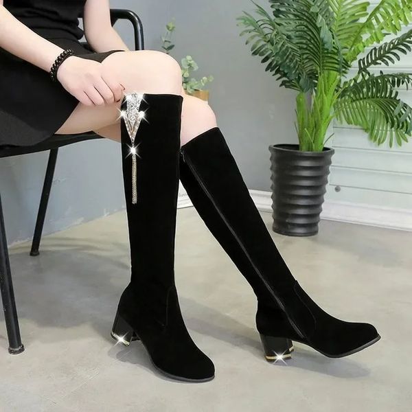 BOTAS WOOTS 731 Long moda Strass de salto grosso de salto alto de salto alto Zipper Knight Bot Sapatos Mulheres 240407 192