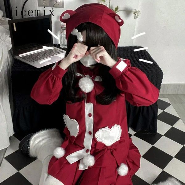 Abiti da lavoro Abiti giapponesi Girls JK Uniform Gonnet set rosso asilo carino asilo con cappuccio con cappuccio gonna a pieghe autunno/anno invernale