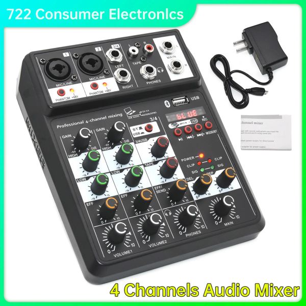 Console de mistura de som profissional de mixer Bluetooth USB Record 4 Canais Mixer de áudio USB 110240V Para performances de palco Música