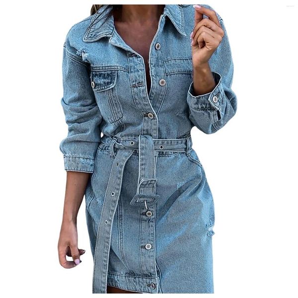 Lässige Kleiderkleid Wickel Frauen feste Denim Langarm Rollkragenpocke Taschenknopf schlanke Gürtelschnüre