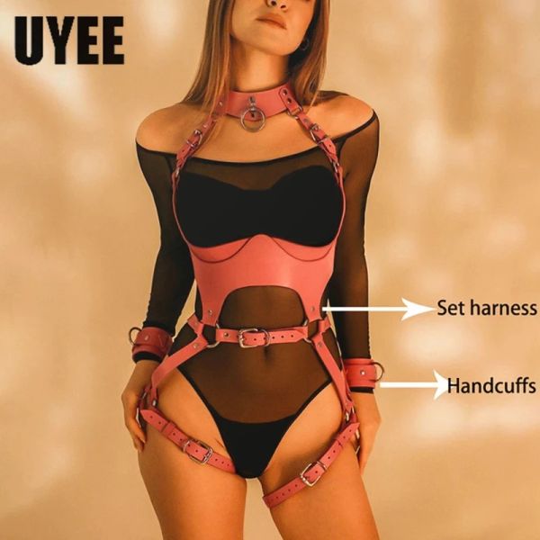 Bras uyee sexy Ganzkörper PU Ledergurt Strumpf Strumpfbandgürtel Dessous Frauen Unterwäsche rosa rot