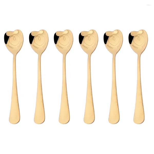 Coffee colher 6pcs ouro aço inoxidável colher de coração formato prateado acessórios de cozinha de festas decoração de utensílios de mesa