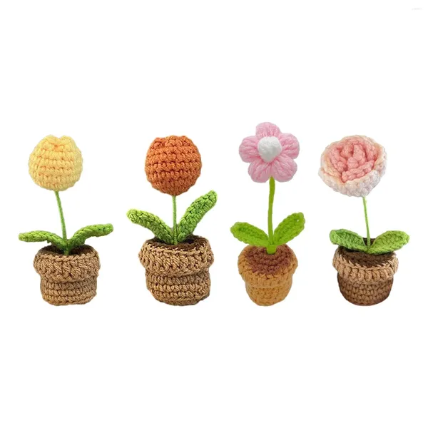 Flores decorativas tricô de crochê Flower Bouquet Tabela artesanal Pequena Pequenas plantas em vasos para os enfeites de mesa de prateleira do escritório