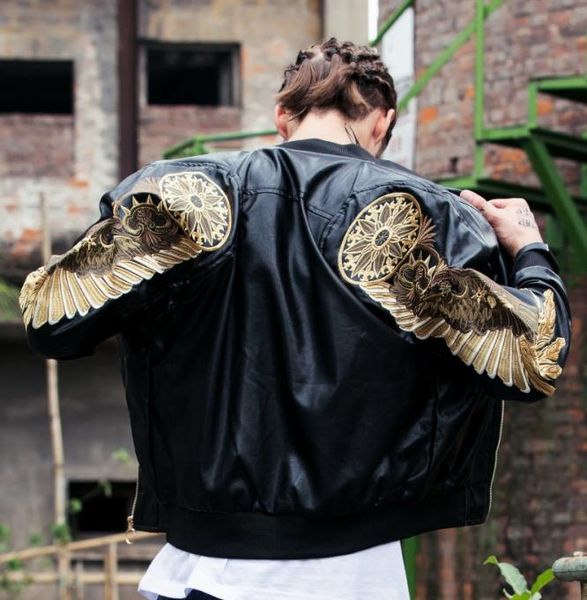 Autumn Winter Classic Brand Men Bomber Leather Jackets Red Black PU Outwear Gold Wings ricami punk slim coot2980794