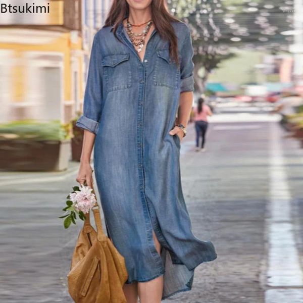 Lässige Kleider 2024 Frauen -Denim -Kleid elegante lange Frühling Herbst -Single Breace Lose Jeans Rock Frauen Streetwear