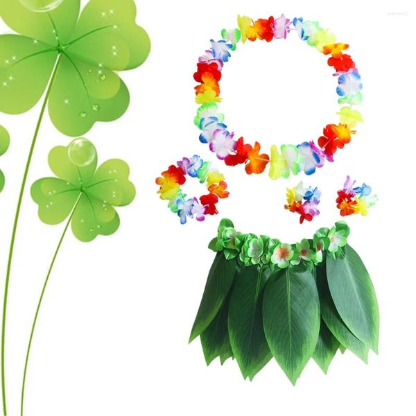 Flores decorativas 5 pcs crianças fantasias Ti folha hula saia luau roupas de festa verde grama havaiana criança