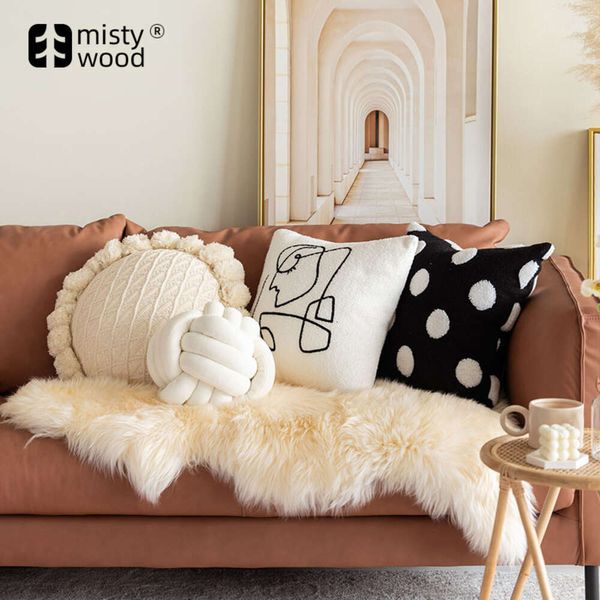 Capa de travesseiro abstrato de luxo de luxo leve com bolinhas pretas e brancas no estilo nórdico estilo instagram de almofada circular sala de estar sofá-gaiola janela de sacada