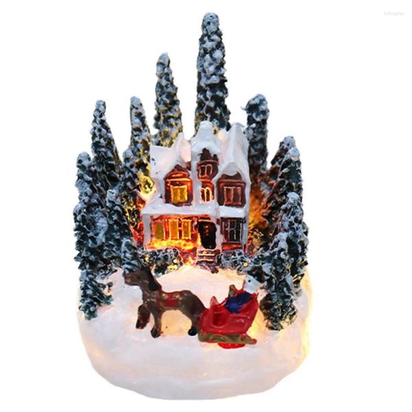 Estatuetas decorativas de resina de natal artesanato aldeia música luminosa casa pequena casa de neve árvore de neve luzes led feriado presente decoração de casa ornamentos