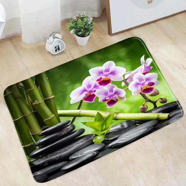 Tapetes de banho zen banheiro tapete verde orquídea roxa orquídea preta cenário de pedra spa spa deco flanela não deslizamento tapete da porta de cozinha tapete do corredor