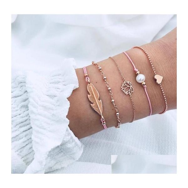 Braccialetti di fascino bohemian 5pcs/set foglie cardiaco amore loto perla braccialetto intrecciato mtilayer set women women women gold gioielli oro all'ingrosso dhjcg