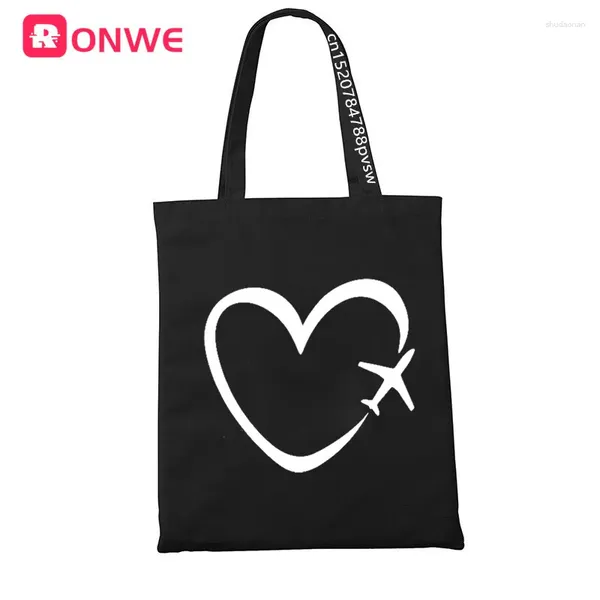 Sacolas de compras Viagem Plano coração amor preto meminina Bolsa de tela feminino Tote Eco 90