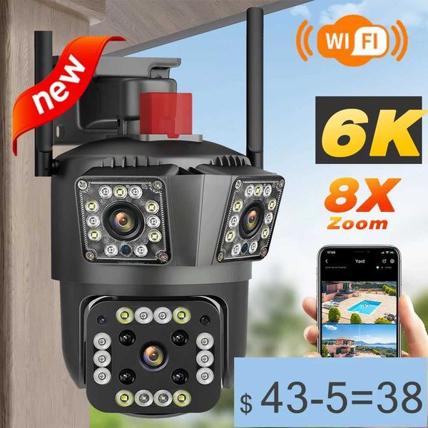 Câmeras IP HD 8MP PTZ WiFi 4K Câmera 6K 12MP Três telas 8x Proteção de segurança Zoom Detecção humana IP Outdoor IP CCTV