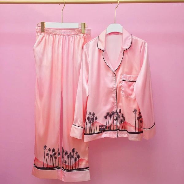 Roupas em casa 2024 Primavera Autumn Outono Feminino Pijama de seda de seda rosa Camisa de manga comprida calças duas peças usam roupas de dormir femininas