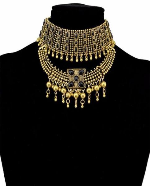 Bohemian Vintage Legierung schwarzer Steinhalshalsketten für Frauen Zigeuner Stammes Tribal türkisch klobig Halskette Festival Party Schmuck Geschenk Cho7493630