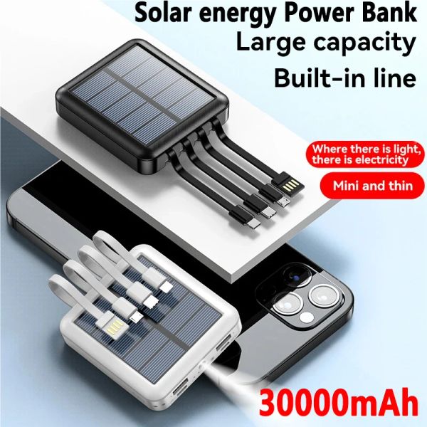 Bancos 4in1 Power Bank Solar 30000mAh Catilhamento de grande capacidade Mini Powerbank vem com quatro fios adequados para o samsung iphone xiaomi