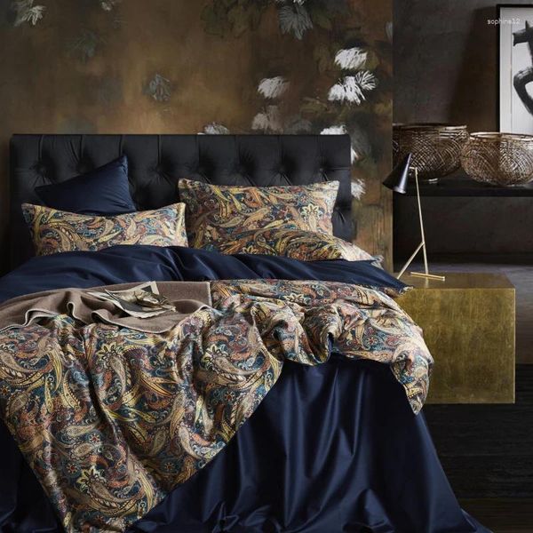 Set di biancheria da letto foglie Floral Birds copripiumino set di copertura filo navy blu foglio di cotone egiziano 4 pezzi con cuscino con cerniera nascosta