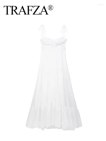 Lässige Kleider Trafza Frau Beach Style Kleid weiße Schlinge ärmellose Rückenless Schnürdekoration Reißverschluss Sommerlange Frau 2024 Trendy Trendy