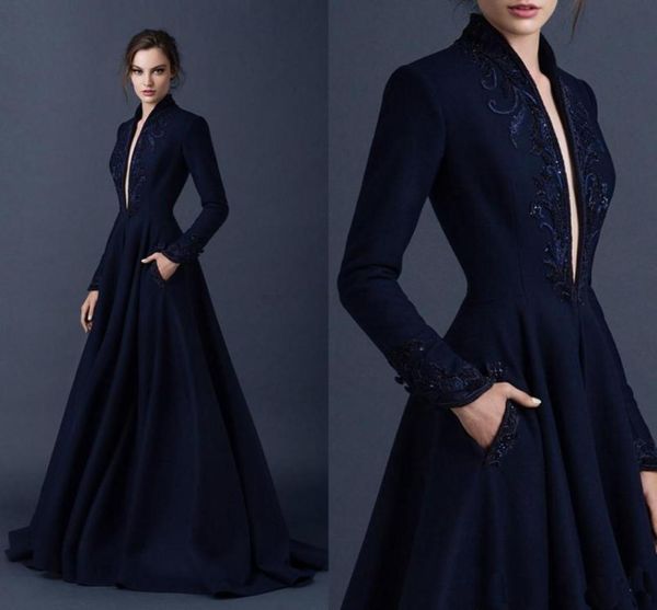 Abiti da sera in raso blu navy ricamo paolo sebastian abiti personalizzati personalizzati da festa formale a cesatura a vcuola