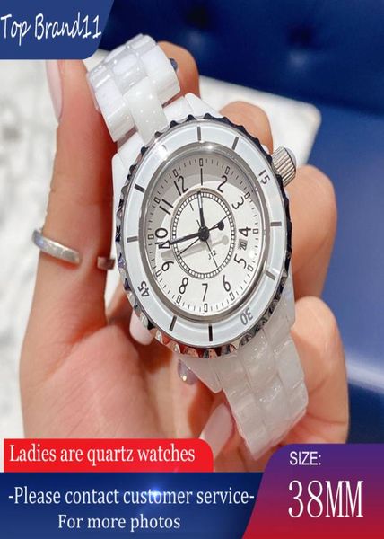 Ladies Quartz Watch Noble Elegant Luxus hochwertiger Keramiksteingesicht 38mm Top Brand wasserdichtes weißes Diamantarmband Flecken2585008