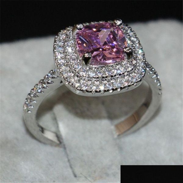 Ringe Ladys Pink Edelstein Schmuck 925 Sterling Sier Princess-Cut 4CT Crystal Diamond Ring für Valentinstag Geschenkgröße Tropfen Lieferung DHSCU