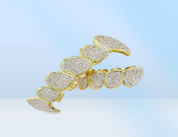 Hip Hop Grillz Luxus grelles Zirkon Micro Pave Dental Grills Mode Männer Frauen 18K Gold plattiert Zähne Klammer 2 Piece Set Whole9780888639145