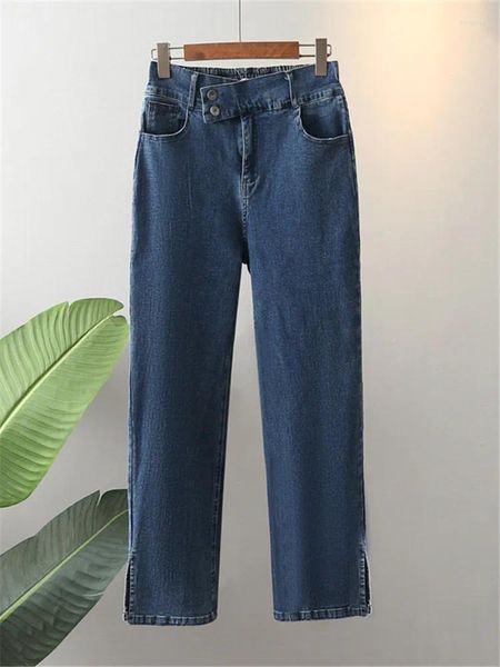 Calças de tamanho grande vestuário feminino Primavera e jeans de outono Cantura alta perna reta Lasca de jeans lavada com tecido elástico