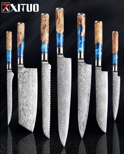 Xituo Kitchen Knivesset Damasco Aço VG10 Chef Cleaver Cleaver Paring Bread Knife Resina Azul e cor de madeira colorida Ferramenta de cozinha3605767