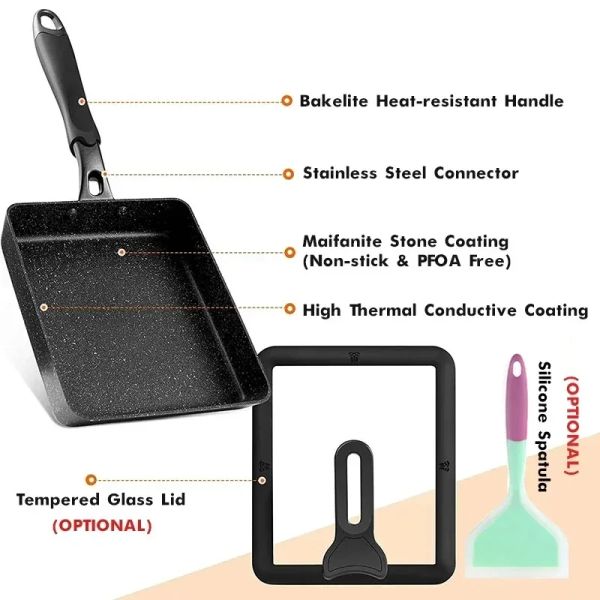 Padella giapponese di frittame / padella tamagoyaki, padella di frittura di uova rettangolo antiaderente - spatola di coperchio opzionale / lega di alluminio