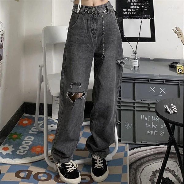 Jeans feminino Xpqbb Vintage Streetwear Dark Grey Mulheres Y2K Cintura alta rasgada calça jea