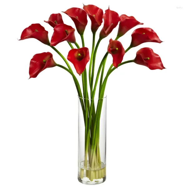 Flores decorativas Mini Calla Lily Artificial Flower Arranjo com vaso vermelho