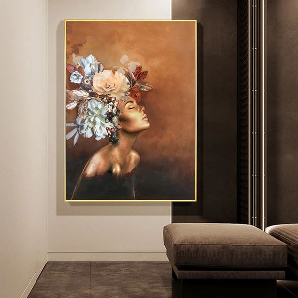 Moderne Blume auf dem Kopf Gold Frauen Leinwand Malerei Druck nordischer Poster Wandkunst Bilder für Wohnzimmer Home Dekoration ungerahmt