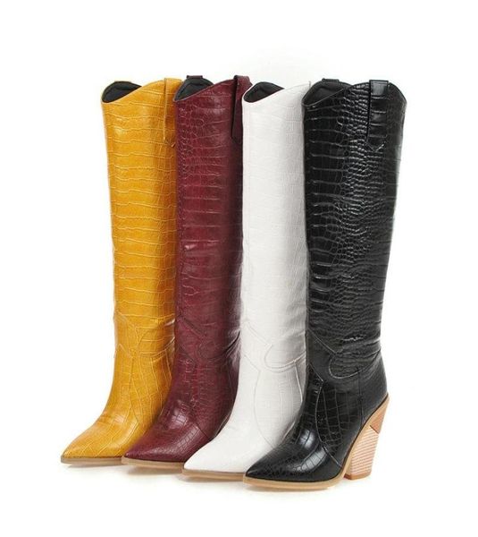 Stiefel schwarz gelb weiße Knie hohe Frauen Western Cowboy für lange Winterspitze Zehen Cowgirl Wedges Motorrad 60055555