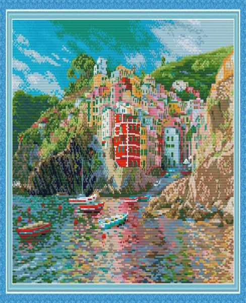 The Seaside Town Handmade Cross Stitch Craft Tools Borderys Behithwork Sets Counted Print on Canvas DMC 14CT 11CT3405992