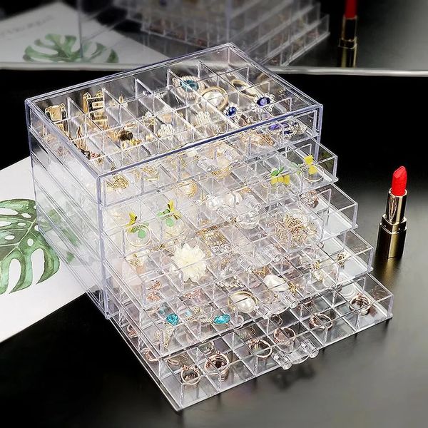 Ohrring -Schmuckschachtel Acryl Storage Womens Ring Display mit 5 Schubladen und 120 kleinen Fachschalen 240410